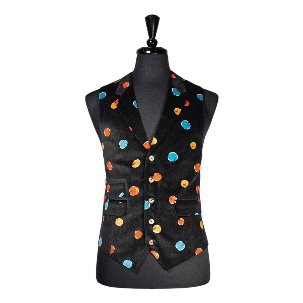 Mens Velvet Vest 42R Black Orange Blue Polka Dot Waistcoat Formal Wedding Party